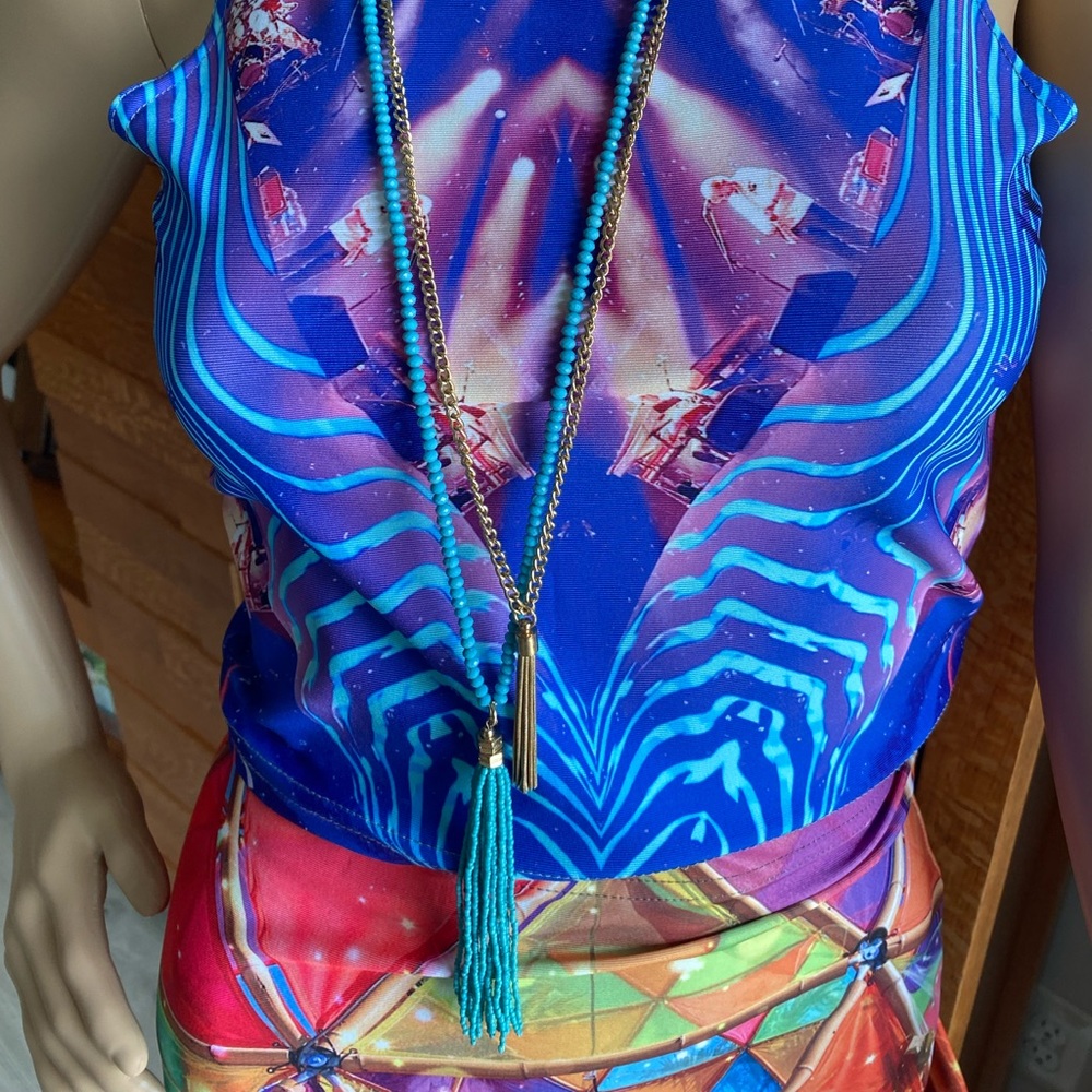 Express gold and turquoise summer beach tassel layered necklace sundresses suits